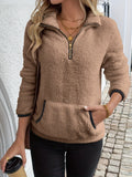 Cozy Women's Plush Fleece Half Zip Top Stand Collar Drop Shoulder Hoodie with Ring Zipper Pull and Pocket Casual Loungewear