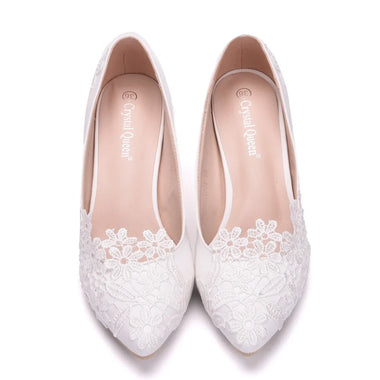 Women Shoes Bride White Wedding Shoes Female High Heels Slip on Pumps Ladies Shoes Rhinestone Lace High Heels Party Shoe 34-43