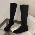 Aneikeh 2027 Fashion Women Black Stretch Sock Boots Round Toe Flat Sole Knee High Pull On Slim Fit Autumn Winter Footwear