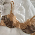 セクシーな Women French Plaid Embroidery Mesh Lingerie Set Soft Underwire Minimizer Bra Uplift Sheer Mesh Ladies Underwear 32-38 Set