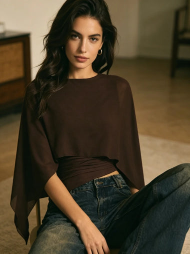 2026 Fashion Elegant Cape Sleeve Ruched Top Sheer Overlay Casual Solid Color Blouse Y2k Hot Girl Ruched Waist Slim Fit Shirts