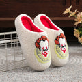 A Pair of White Horror Movie Elements Clown Pattern Embroider Plush Home Thick-Soled Comfortable Furry Slippers Punk Style Personalized Warm Non-Slip Indoor Slippers Halloween Gifts for Men and Women Can Wear Slip-On Shoes