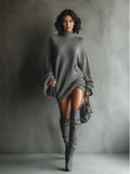 Elegant Long Sleeve Solid Knitwear Sweaters Dresses Women High-Neck Casual Commute Clothes Autumn Winter Female Pullover Dress