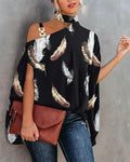 Women Halter Cold Shoulder Blouse Asymmetric Batwing Sleeve Metal Buckle Printed Loose Casual Tunic Top