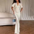 Women Romantic Floral Print Maxi Dress Summer French V Neck Puff Sleeve Waist Cinched Elegant Bodycon Long Dress