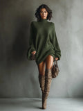 Elegant Long Sleeve Solid Knitwear Sweaters Dresses Women High-Neck Casual Commute Clothes Autumn Winter Female Pullover Dress