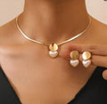 Ins Style Heart Imitation Pearl Disc Necklace Earrings Set for Women Classical Gold Color Snake Bone Chain Party Jewelry Gift
