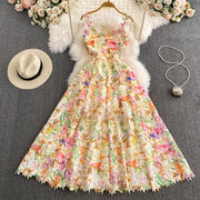 Frenchic Vintage Maxi Dresses for Women Lace Floral Printed Spaghetti Strap Female Vestidos Summer Elegant Dress Dropshipping