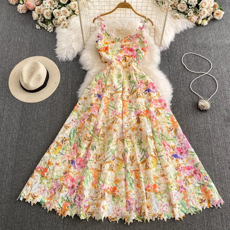 Frenchic Vintage Maxi Dresses for Women Lace Floral Printed Spaghetti Strap Female Vestidos Summer Elegant Dress Dropshipping