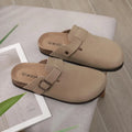 Women's Suede Slippers Comwarm Fashion Women's Suede Mules Slippers Men Clogs Cork Insole Sandals With Arch Support Outdoor Beach Slides Home Shoes