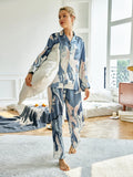 Blue Stone Pattern Real Silk Lapel Collar Pajamas 19MM 100% Mulberry Silk Button Tops & Pants Sleepwear 2 Piece Casual Homewear