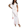 Women Romantic Floral Print Maxi Dress Summer French V Neck Puff Sleeve Waist Cinched Elegant Bodycon Long Dress
