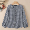 2025 ZANZEA Women Autumn Plaid Cheeked Blouse Casual V Neck Long Sleeve Tops Stylish Ruffled Work Shirt Buttons Blusas Oversize
