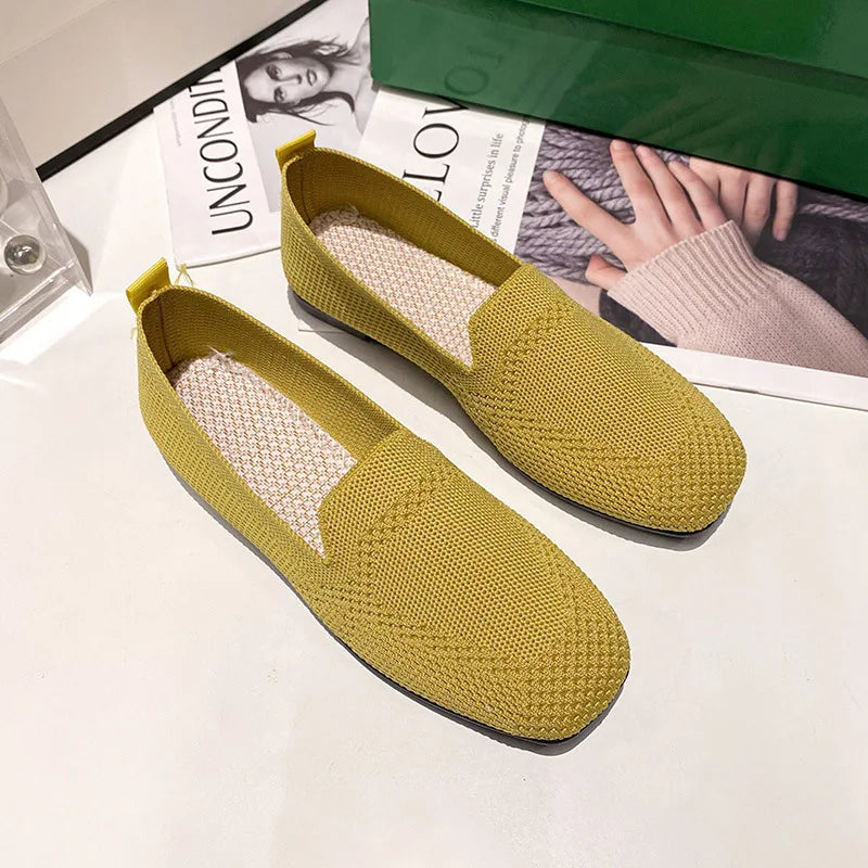 2026 Solid Color Square Toe Mesh Loafers Shallow Women Flats Shoes Soft Bottom Knit Ballet Flats Shoes Casual Slip on Boat Shoes