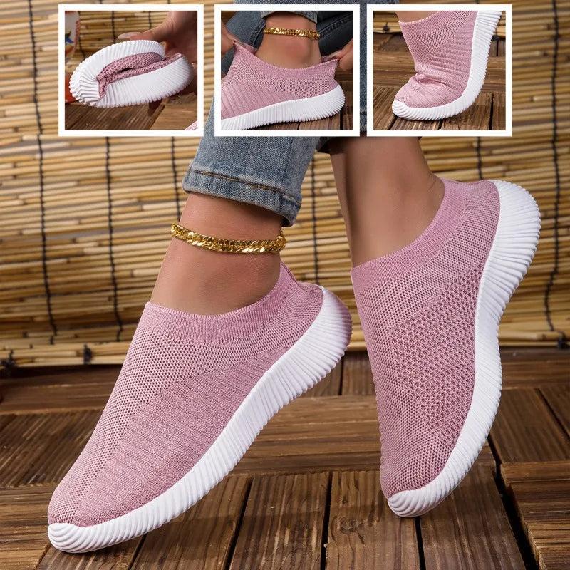 Women's Sneakers Breathable Knitted Mesh Comfortable Flat Lace Up Shoes Trendy Fashionable Casual Outdoor Women Running 2026