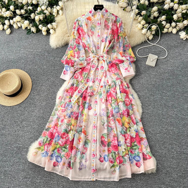 2025 Summer Holiday Chiffon Gorgeous Flower Maxi Dress Women's Stand Long Lantern Sleeve Sashes Floral Print Loose Robe Vestidos