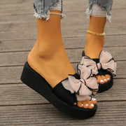 Summer Sandals for Women, Bow-Knot Slippers, High-Heeled Flip-Flops, Fashionable Wedge-Heeled Thick-Soled Beach Shoes for Outdoor Wear at the Beach