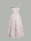 Elegant Pink Floral Print Dress with Thin Straps and a Flared Waist
