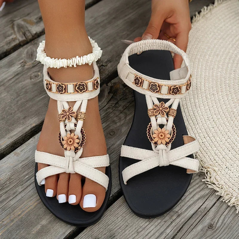 Flower Beaded Bohemian Sandals for Women Summer 2026 Roman Style Comfortable Flat Sandals Woman Lightweight Non Slip Beach Shoes