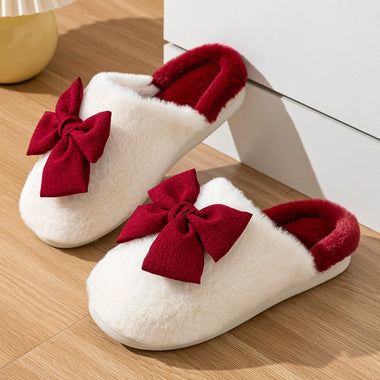 Winter Women Slippers Stylish Warm Indoor Wine Red Bowknot Anti-slip Soft Sole at Home Cotton Shoes  ﻿
