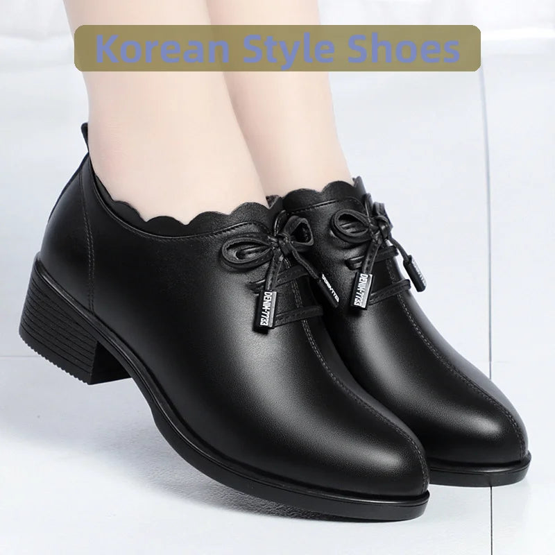 CINESSD 2023 New Fashion Lace Leather Platform Pumps Korean Style Casual Waterproof Pointed Toe Shoes for Women Spring Autumn