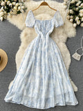 SINGREINY Floral Print French Women Dress 2022 Summer Square Neck Zipper Slim Elegant Temperament Ladies Pleated A Line Dresses