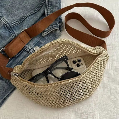 Women's Woven Crossbody Bag with Zipper Closure - Light Brown Bohemian Waist Bag, Breathable Woven Fabric Lining, Gold-Tone Hardware and Beige/Brown Design, Suitable for Beach, Travel, and Everyday Use Casual Handbag