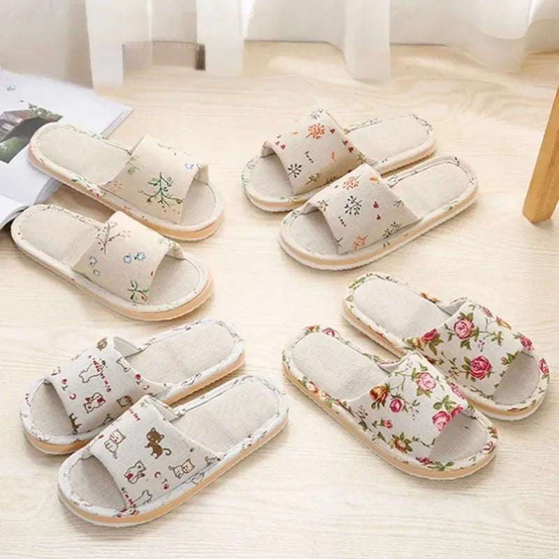 House Flax Slippers Women Floral Autumn Cute Home Indoor Non Slip Funny Sandals Cartoon Kawaii Linen Cat Shoes Flat  Striped