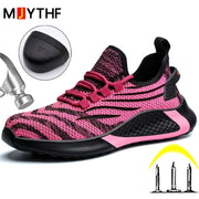 Rose Red Women Work Safety Shoes Anti-Smash Anti-Puncture Indestructible Shoes Work Sneakers Steel Toe Shoes Large Size 35-44