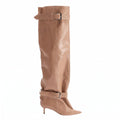 Women Pointed Toe Knee High Boots Double Buckle Strap Stiletto Heel Leather Slouch Thigh High Boots Fashion Party Boots