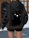 Scared little black cat minimalist black and white print hoodie for large size women's sweatshirt winter clothes women