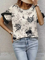 Women Round Neck Ruffle Sleeve Floral Print Chiffon Loose Top Boho Blouse Spring Vacay Beach Lightweight Breathable Top