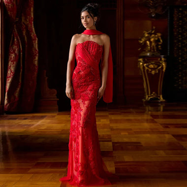 Dress Red Evening Dress for Woman Customized Strapless Sleeveless Exquisite Lace Mermaid Party Gown Prom Dresses with Shawl