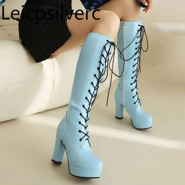 Winter new style fashion fresh sky blue Knee high boots round head Roman crisscross straps high heels women's boots high 9.5cm