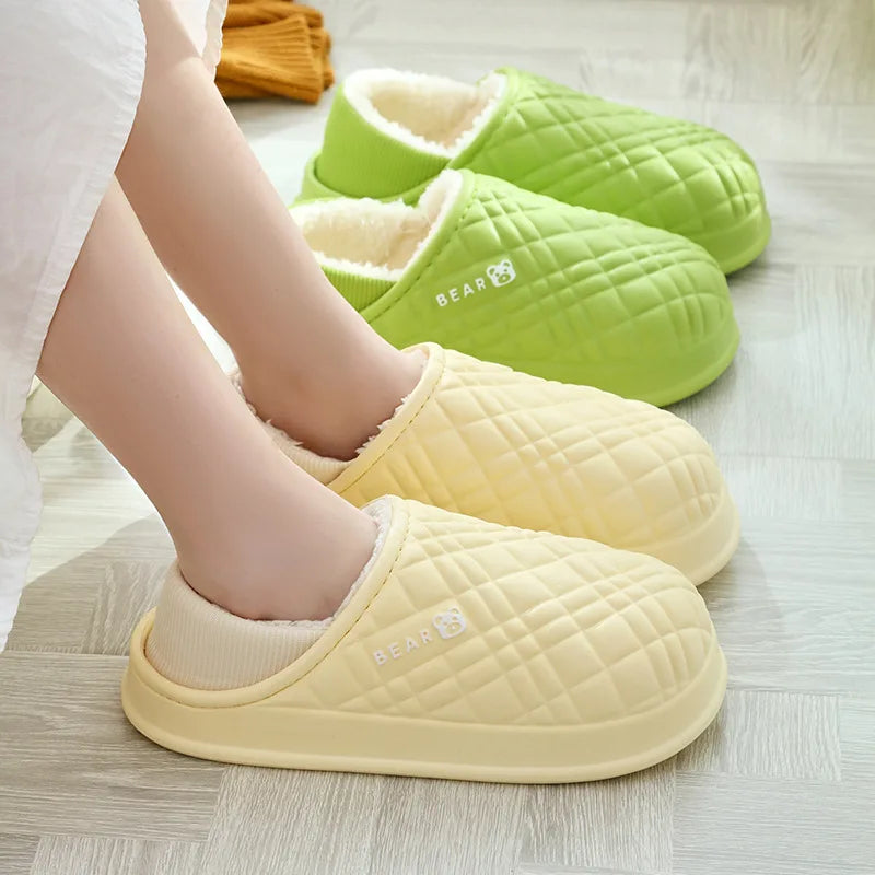 Cute Bear Waterproof Eva Winter Indoor Slippers Women 2026 New Thick Bottom Warm Plush Home Slippers Couple Comfort House Slides