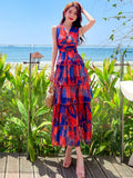 Summer New Deep V-neck Floral Print Dress Evening Party Lady Chiffon Slim Fairy Dresses Backless Sling Vintage Sweet Dress Long