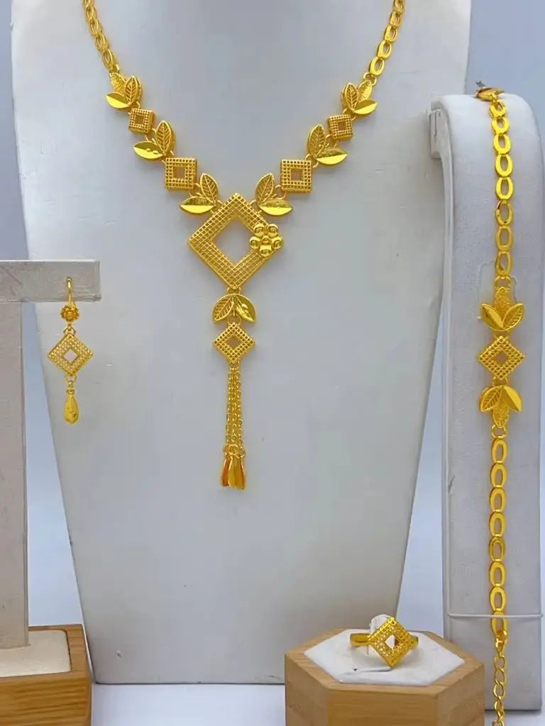 Dubai Gold Color Jewelry Set For Women Wedding Bridal Long Tassel Necklace And Earrings Set African France Party Gifts