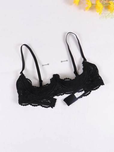 Women Sexy 1/4 Cup Lace Underwire Bra, Sheer See Through Lingerie Bra With Chest Harness, Adjustable Shoulder Straps