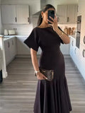 Women's Patchwork Knit Dress Casual O Neck Short Sleeve Solid Pleated Hem Women Elastic Midi Dress Female Chic Long Dresses