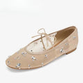 YNPO Fashion Lace Up Mary Jane Shoes Women Elegant Ballet Flats Crystal Rhinestone Mesh Round Toe Loafers Ladies Mules Sandals