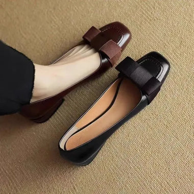 Spring Autumn Women's Bow Retro Middle Heel Single Shoes Woman Square Head Leather Pumps Fashion Elegant Thick Heeled Loafers