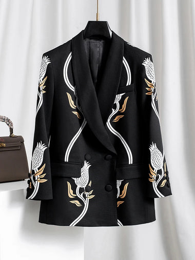 Women's Black Print Shawl Lapel Blazer Back Slit Loose Fit Spring Autumn Plus Size Jacket Coat Casual Elegant Outerwear Chic Top