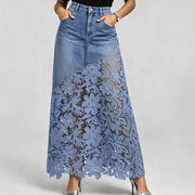 Denim Skirts Women Mid Length Skirt A Line High Waist Slim Fit Hip Wrap Button Elegant Splice Y2k Streetwear Work Lace Floral
