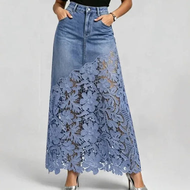 Denim Skirts Women Mid Length Skirt A Line High Waist Slim Fit Hip Wrap Button Elegant Splice Y2k Streetwear Work Lace Floral