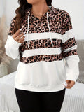 Fashion Leopard Print Stitching Hoodie V-neck Drawstring Long Sleeve Pullover Sweater Women's Casual All-match Top