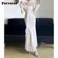 FOTVOTEE Chic French Style Lace Dresses Women See Through Long Sleeve Floral Decoration Maxi Dress Temperament Sexy Party Dress