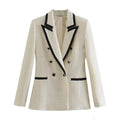 2026 New Women Double Breasted Tweed Blazer Coat Vintage Long Sleeve Pockets Female Outerwear Autumn Winter Jacket Casual Blazer