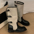 Women Spliced Knee High Boots, Canvas & Leather Patchwork, Multi Buckle Round Toe Low Block Heel Vintage Casual Riding Boots