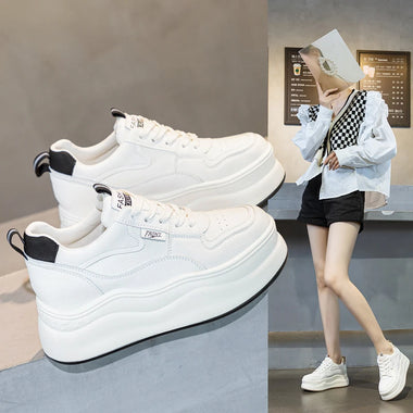 Womens White Leather Platform Sneakers Hidden Heel Lift Casual Low Top Lace Up Shoes With Black Accent For Daily Street Style