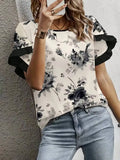 Women Round Neck Ruffle Sleeve Floral Print Chiffon Loose Top Boho Blouse Spring Vacay Beach Lightweight Breathable Top